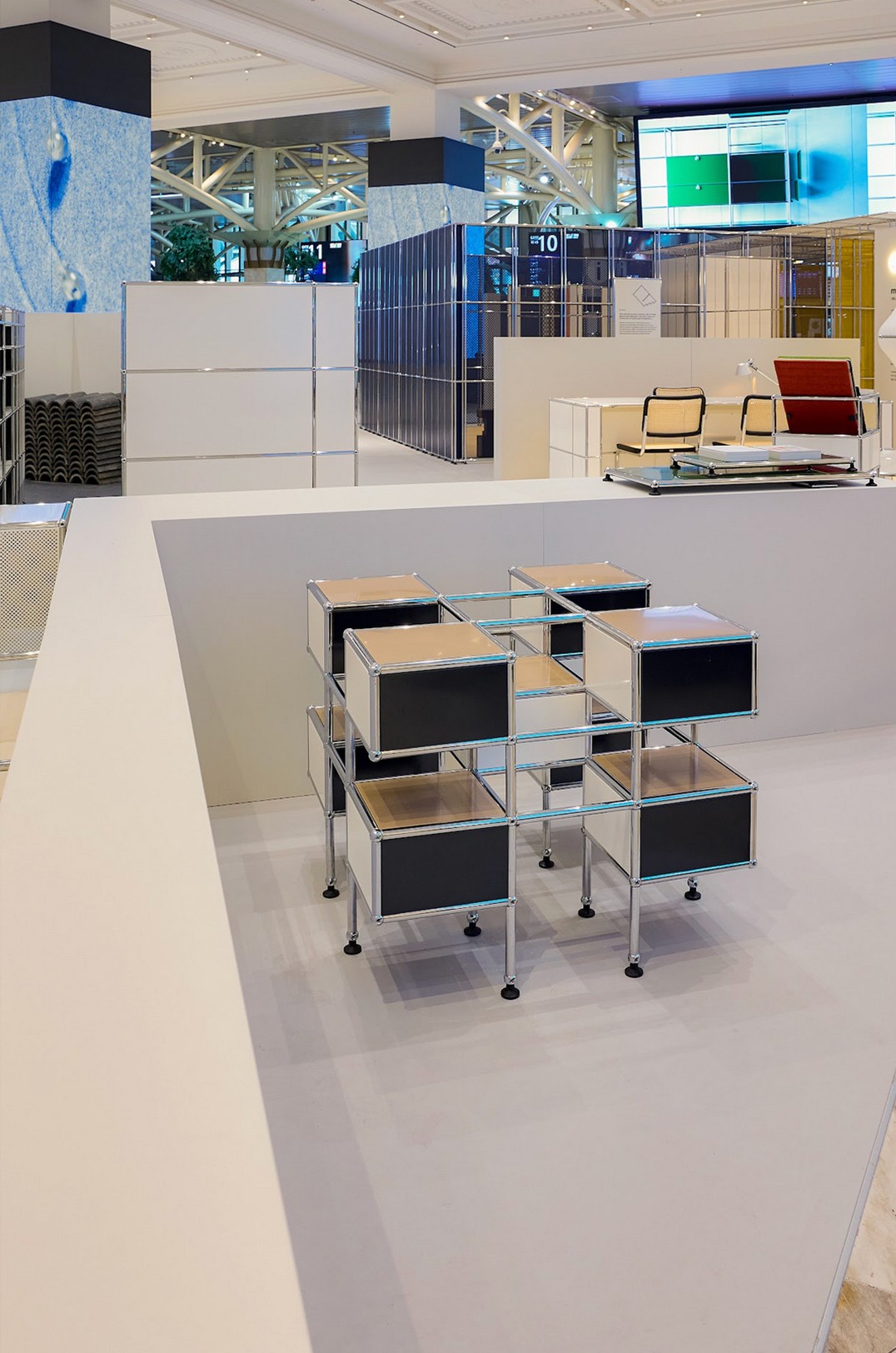 Graphic depicting a hexagonal cropped photo of an interior room design with grid lines along its borders.