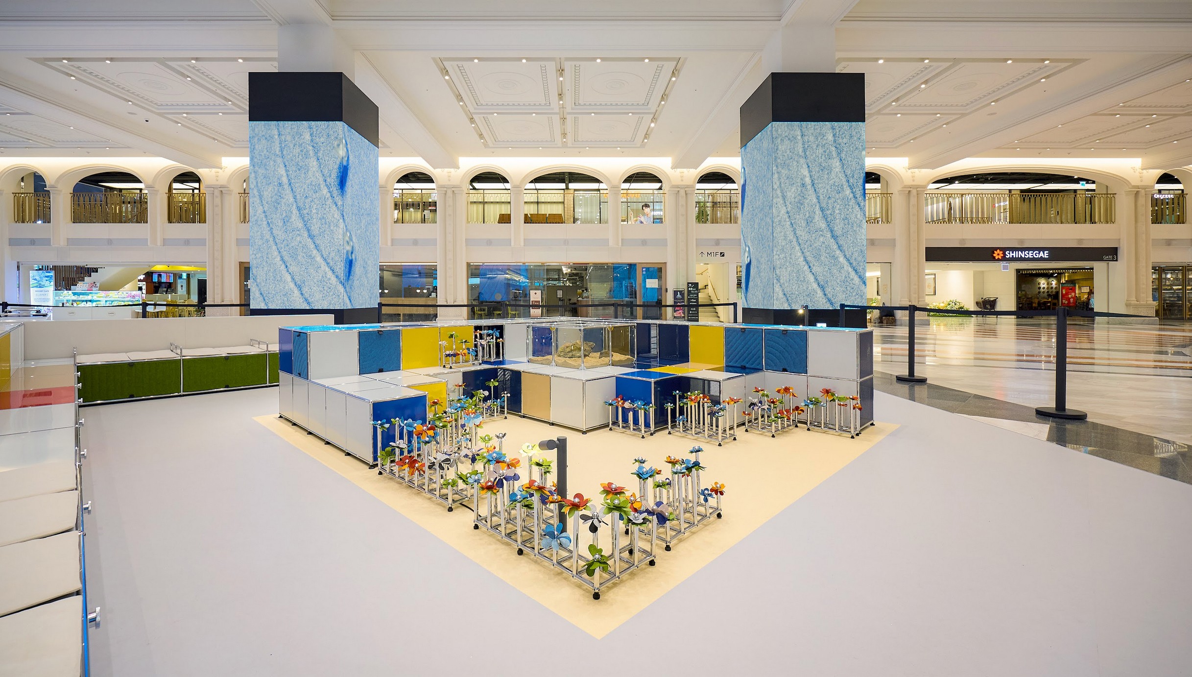 Graphic depicting UI-styled buttons with different categories of interior design items on top of an image of a modern interior living room.