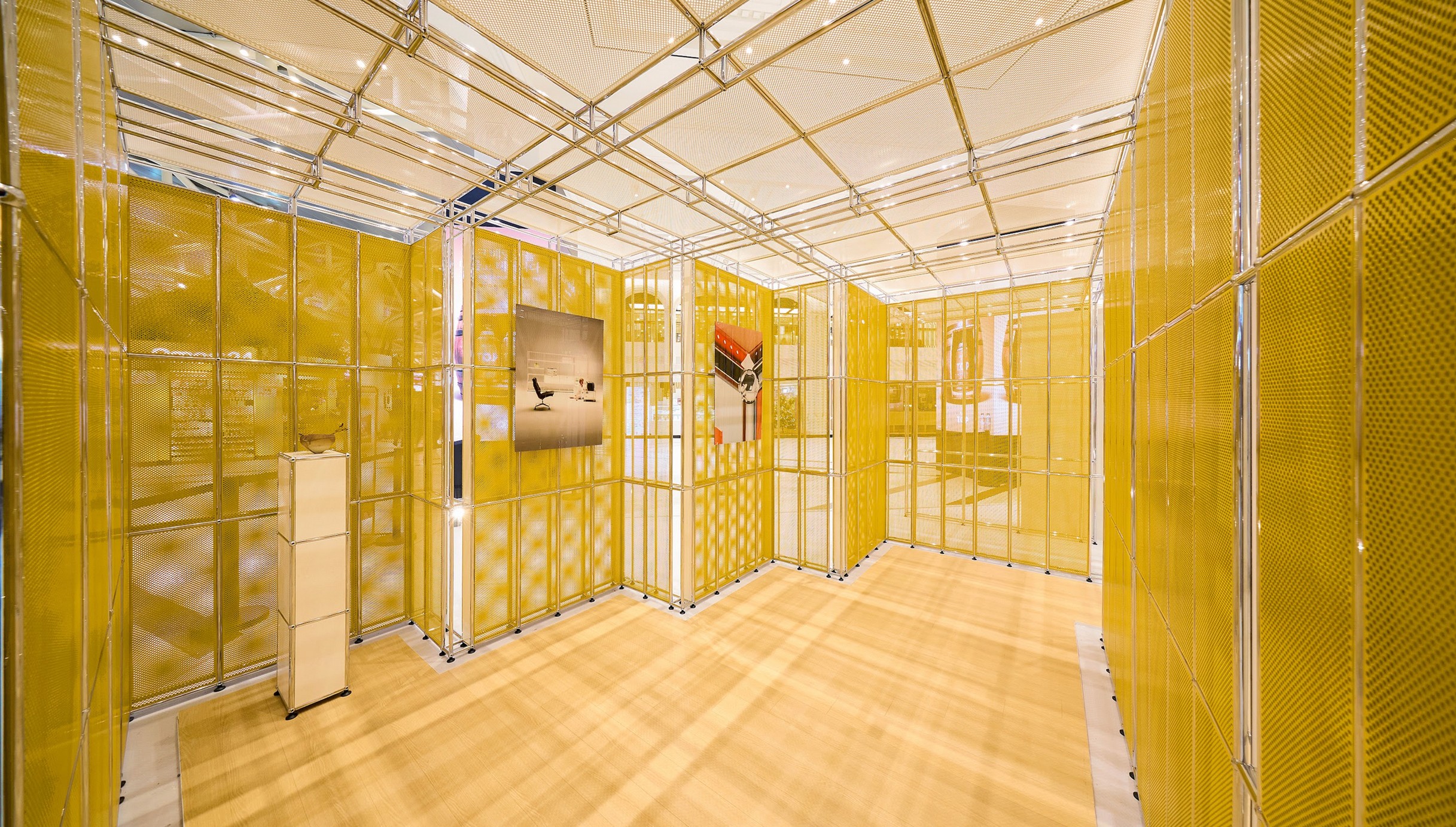 Graphic depicting UI-styled buttons with different categories of interior design items on top of an image of a modern interior living room.