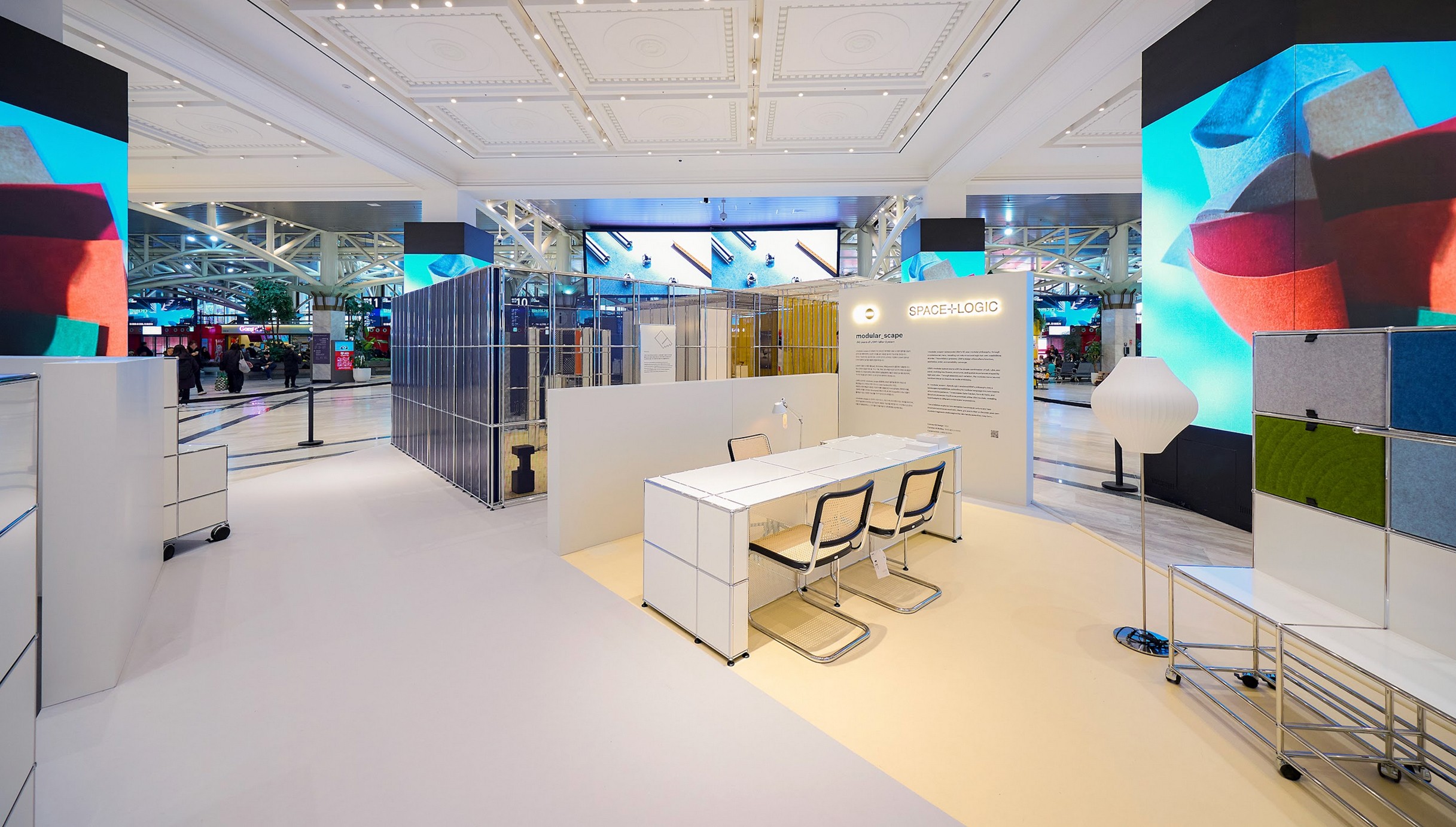 Graphic depicting UI-styled buttons with different categories of interior design items on top of an image of a modern interior living room.